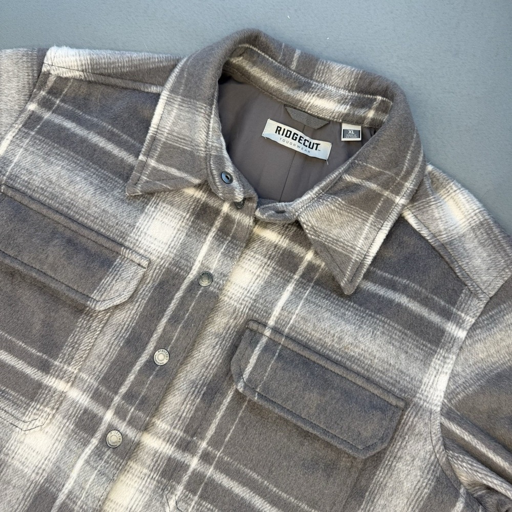 Ridgecut Toughwear Gray Plaid Fleece Shirt Jacket Shacket Men's XL Snap Front